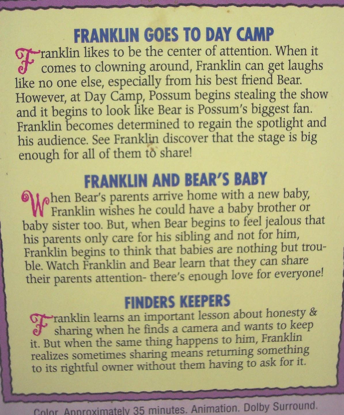 Vintage 1997 FRANKLIN the Turtle Learns to Share Vhs Video Nick Jr