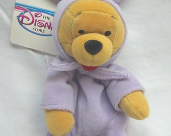 Vintage Walt Disney Store Winnie the Pooh Teddy Bear as Purple Easter Bunny 7"  Bean Bag Stuffed Animal Toy 1990's