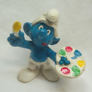 Vintage The Smurfs ARTIST PAINTING Smurf With Paintbrush and Pallet 2&quot; PVC Toy Figure 1970&#39;s  Schleich 20045