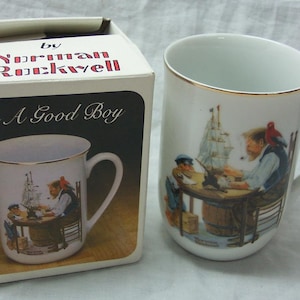 vintage 1982 Norman Rockwell Museum FOR A GOOD BOY 4 » Porcelain Coffee Mug Cup 1980&#39;s Grand-père Boy Sea Captain Boat Ship Voilier