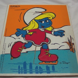 Vintage 1982 Playskool Smurfs SMURFETTE Smurf Skating Wooden Frame Tray Puzzle 325-3