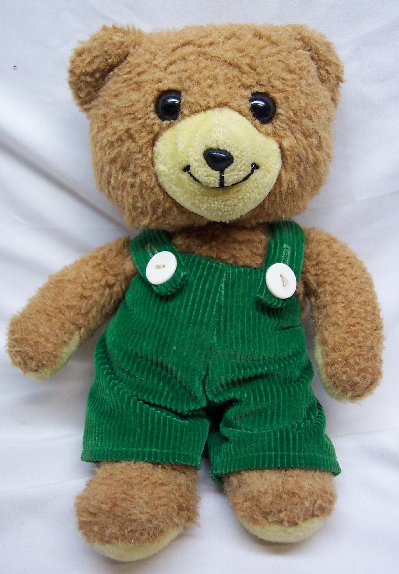Vintage Trudy CORDUROY Teddy Bear in Green Overalls 11