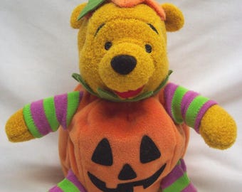 Vintage Walt Disney Store Winnie the Pooh PUMPKIN Costume 6"  Bean Bag Stuffed Animal Toy 1990's Halloween