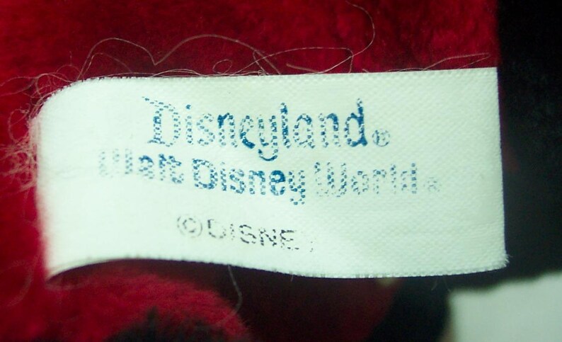 Pode incluir: Close-up de uma etiqueta branca com as palavras "Disneyland" e "Walt Disney World" impressas em azul. A etiqueta est&aacute; em um fundo vermelho e preto, com o s&iacute;mbolo de copyright da Disney.