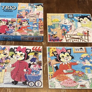 Vintage 1979 Milton Bradley TRIO PUZZLES Children&#39;s PUZZLE Set of 3 Mother Cat Dog 48 Pieces Each