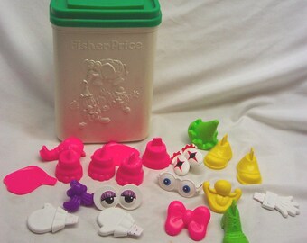 Zestaw zabawek Fisher Price Crazy Clay Character z pojemnikiem z 1980 r., wyprodukowany w USA, Play Doh z lat 80.