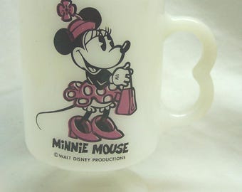 Caneca vintage da Minnie Mouse da Walt Disney, 12,7 cm (5 polegadas), em vidro leitoso.