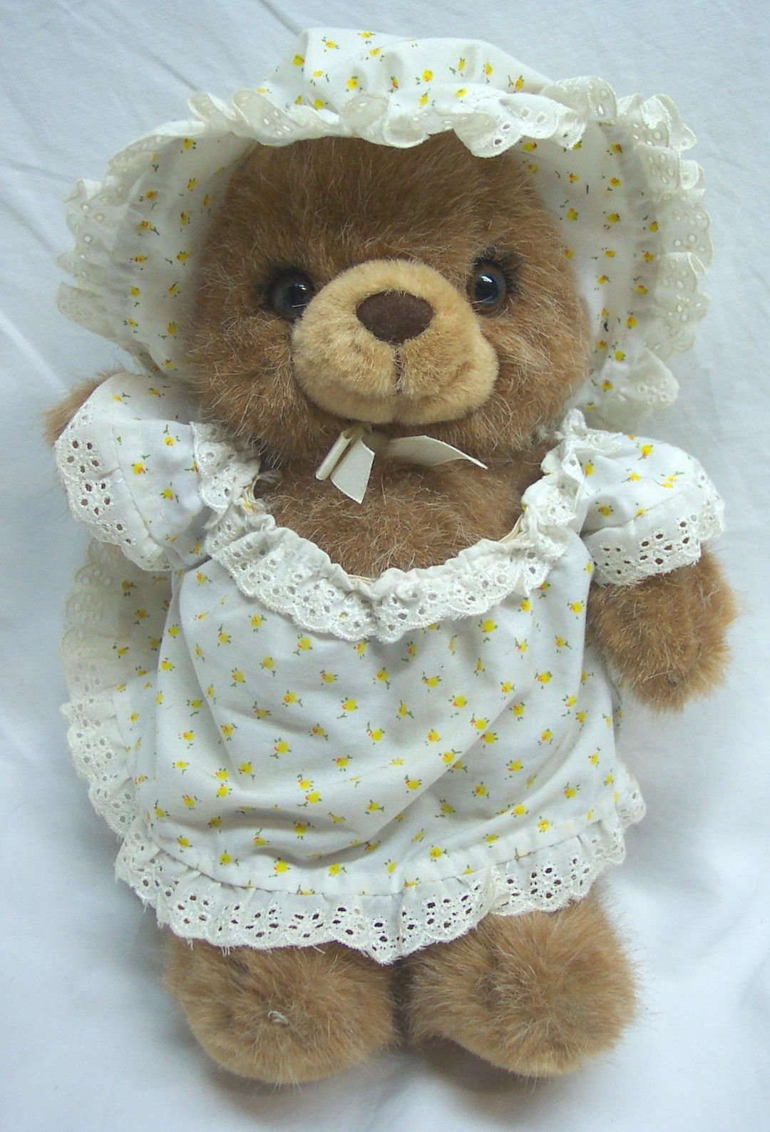 Vintage RUSS Brown Girl Teddy Bear in BONNET & DRESS 11" Plush Stuffed ...