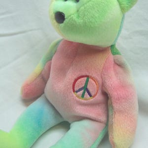 TY 1996 Beanie Babies PEACE The Tie-Dyed Teddy Bear 8&quot; Bean Bag Stuffed Animal Toy 1990&#39;s