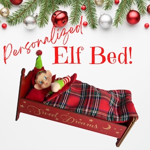 Personalized Christmas Elf Doll Bed, Doll Bed Blanket and Pillow, Elf Doll Furniture, Elf Prop, Elf Accessory, Shelf Sitter, Holiday Gift