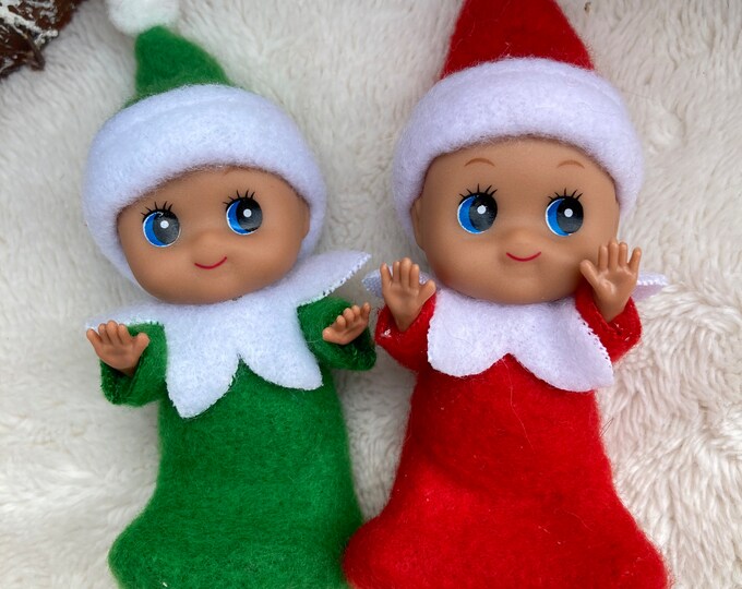 Dark Skin Christmas Elf Baby Doll With Adoption Certificate, Christmas Elf Accessory, Elf Prop, Christmas Decor, Shelf Decor, Girl Boy Elf