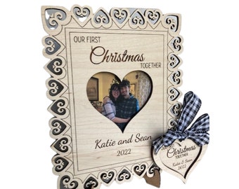 Personalized Our First Christmas Heart Ornament and Frame Set, First Christmas Engaged Married,  Mr & Mrs, Wedding Gift, New Couple Gift