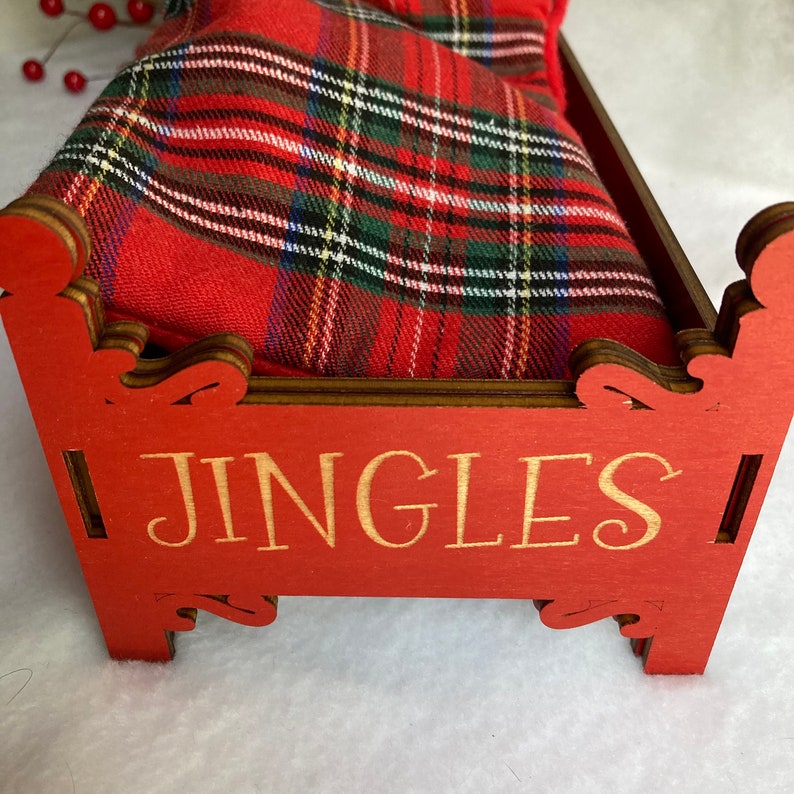 Personalized Christmas Elf Doll Bed, Doll Bed Blanket and Pillow, Elf Doll Furniture, Elf Prop, Elf Accessory, Shelf Sitter, Holiday Gift Finished w/Bedding