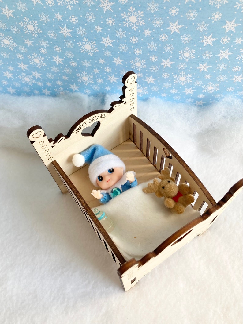 Elf Doll Baby Crib, Elf Baby Bed, Elf Prop, Elf Accessory, Baby Doll Crib, Miniature Doll Crib, Laser Wood Doll Bed image 7