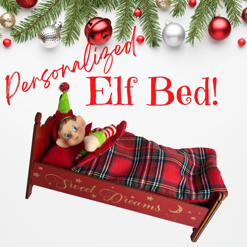 Personalized Christmas Elf Doll Bed, Doll Bed Blanket and Pillow, Elf Doll Furniture, Elf Prop, Elf Accessory, Shelf Sitter, Holiday Gift image 1