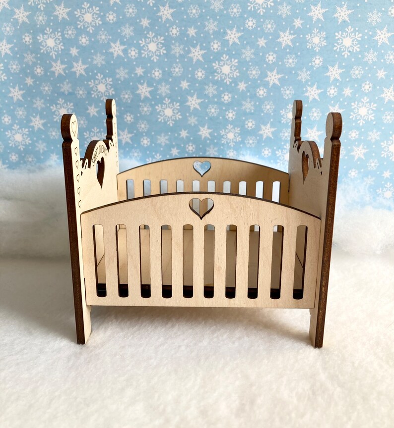 Elf Doll Baby Crib, Elf Baby Bed, Elf Prop, Elf Accessory, Baby Doll Crib, Miniature Doll Crib, Laser Wood Doll Bed image 2