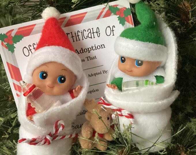 Dark Skin Christmas Elf Baby in Blanket Set, Elf Prop, Elf Accessory, Shelf Sitter, Flocked Reindeer, Doll Baby Bottle, Birth Certificate