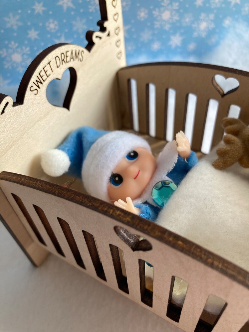 Elf Doll Baby Crib, Elf Baby Bed, Elf Prop, Elf Accessory, Baby Doll Crib, Miniature Doll Crib, Laser Wood Doll Bed image 9