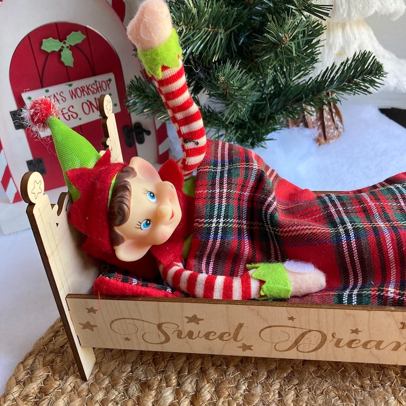 Personalized Christmas Elf Doll Bed, Doll Bed Blanket and Pillow, Elf Doll Furniture, Elf Prop, Elf Accessory, Shelf Sitter, Holiday Gift Unfinished w/Bedding