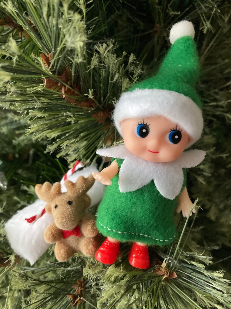 Christmas Elf Baby Toddler in Skirt Set, Girl Sister Elf, Elf Prop, Elf Accessory, Shelf Sitter, Stocking Stuffer, Gift for Girl or Boy image 6