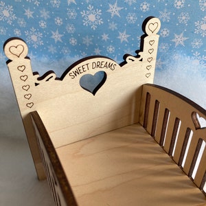 Elf Doll Baby Crib, Elf Baby Bed, Elf Prop, Elf Accessory, Baby Doll Crib, Miniature Doll Crib, Laser Wood Doll Bed image 4