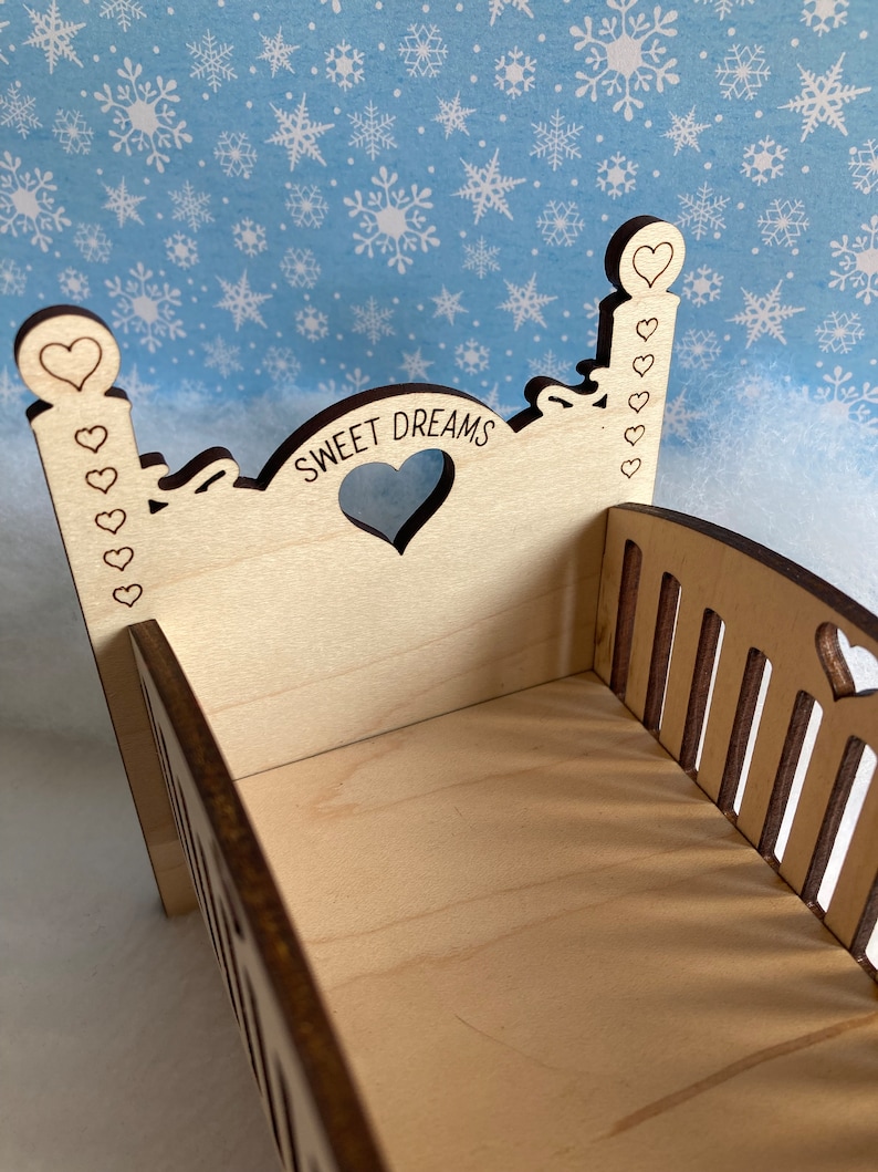 Elf Doll Baby Crib, Elf Baby Bed, Elf Prop, Elf Accessory, Baby Doll Crib, Miniature Doll Crib, Laser Wood Doll Bed image 4