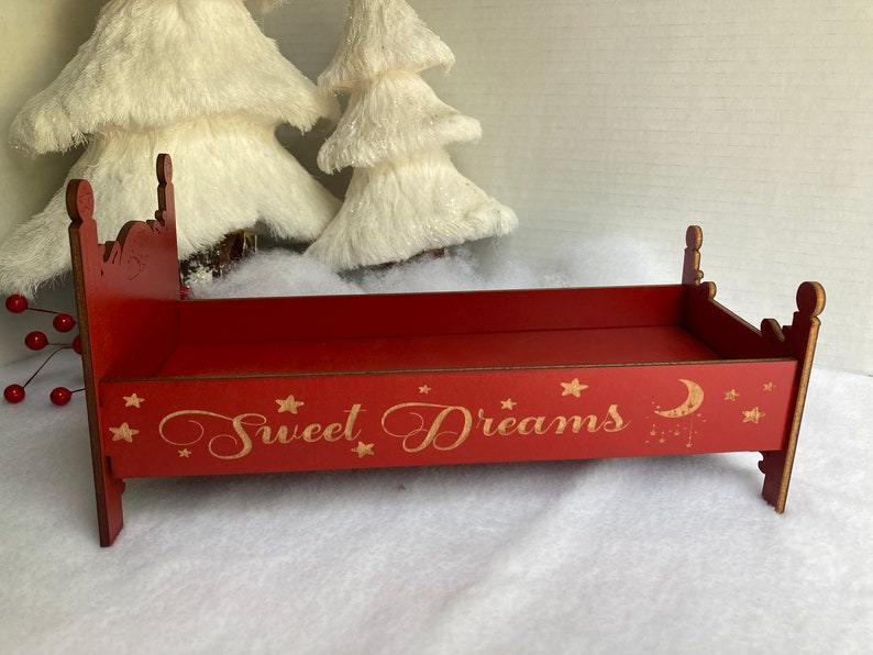 Personalized Christmas Elf Doll Bed, Doll Bed Blanket and Pillow, Elf Doll Furniture, Elf Prop, Elf Accessory, Shelf Sitter, Holiday Gift image 2