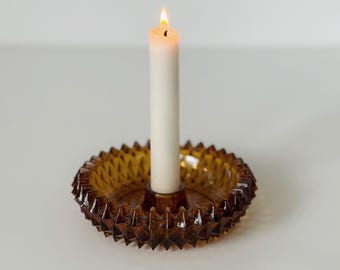 Vintage Amber Indiana Glass Diamond Point Taper Candle Holder