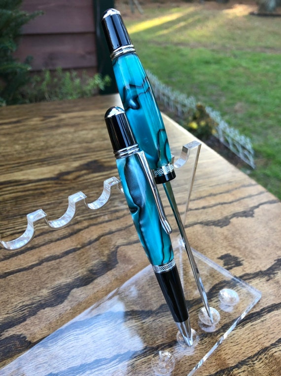 Teal Swirl Acrylic Wall Street Pen And Letter Opener Desk Set Etsy