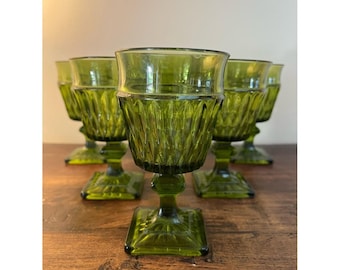 Set of 6 Indiana Glass Mt Vernon Avocado Green Goblets | Vintage Footed Glasses