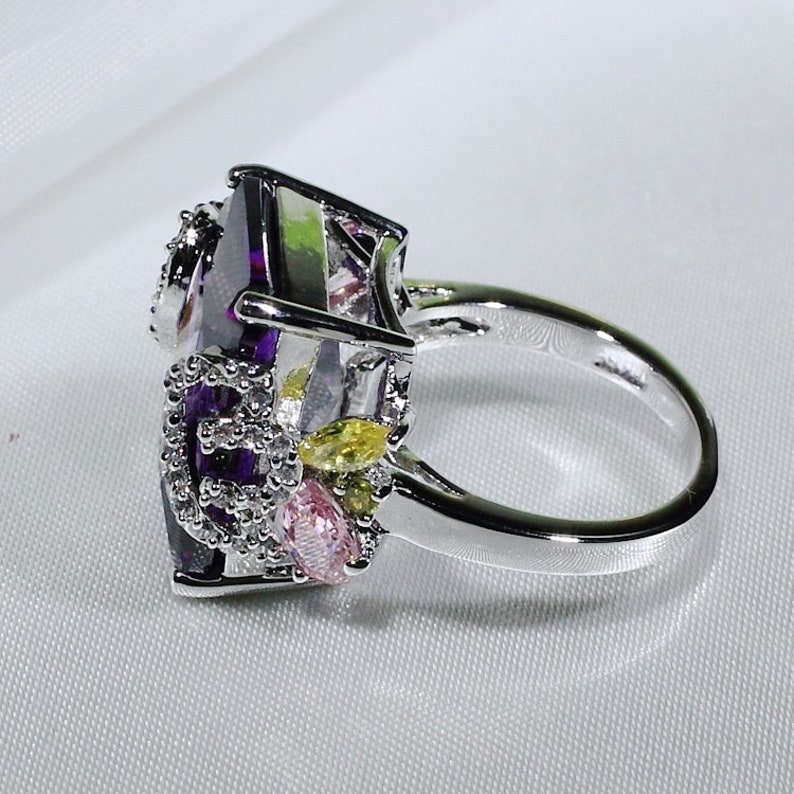 ID:R4834 Women 18K White Gold GF\u00a0Fashion Jewelry Pretty Handmade Big Amethyst Gemstone Ring\u00a0Perfect Anniversary Gift for Her