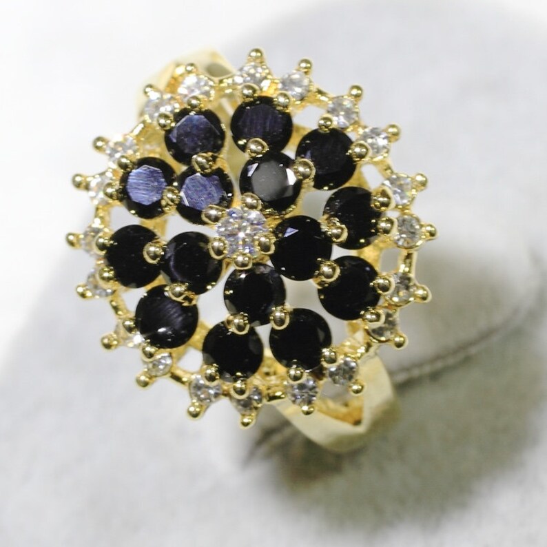 ID:R4717 Women 18K Yellow Gold GF\u00a0Fashion Jewelry Charming Black and Clear Gemstones Ring Comfortable Daily Wear\u00a0