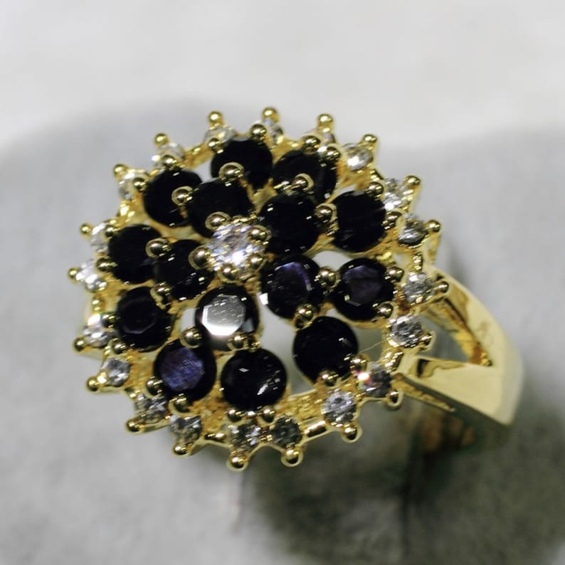 ID:R4717 Women 18K Yellow Gold GF\u00a0Fashion Jewelry Charming Black and Clear Gemstones Ring Comfortable Daily Wear\u00a0