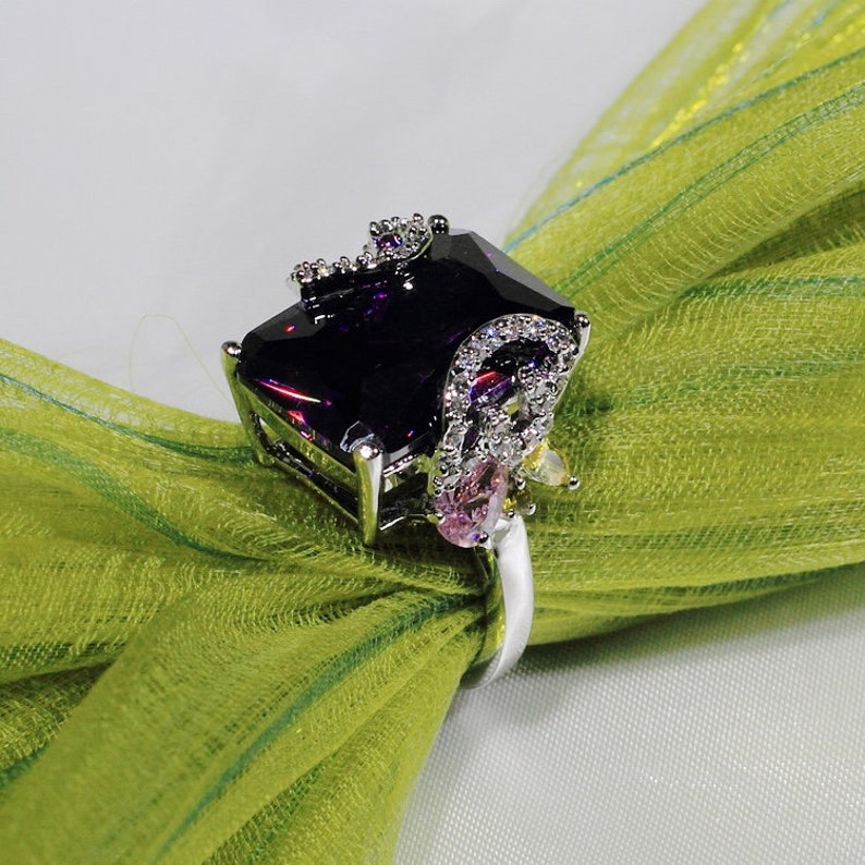 ID:R4834 Women 18K White Gold GF\u00a0Fashion Jewelry Pretty Handmade Big Amethyst Gemstone Ring\u00a0Perfect Anniversary Gift for Her