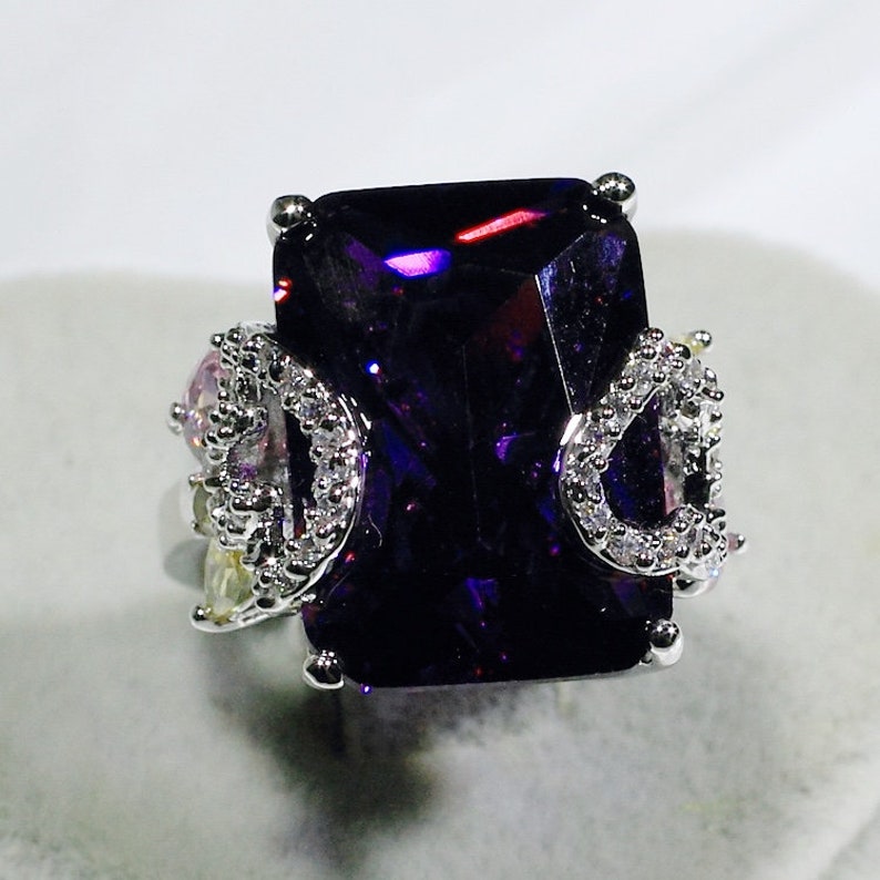 ID:R4834 Women 18K White Gold GF\u00a0Fashion Jewelry Pretty Handmade Big Amethyst Gemstone Ring\u00a0Perfect Anniversary Gift for Her