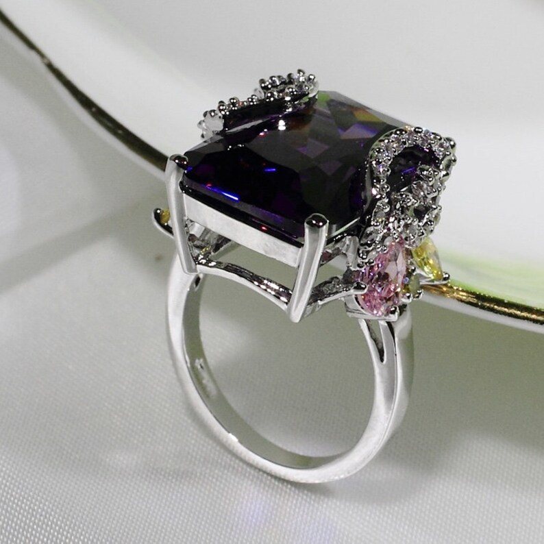 ID:R4834 Women 18K White Gold GF\u00a0Fashion Jewelry Pretty Handmade Big Amethyst Gemstone Ring\u00a0Perfect Anniversary Gift for Her