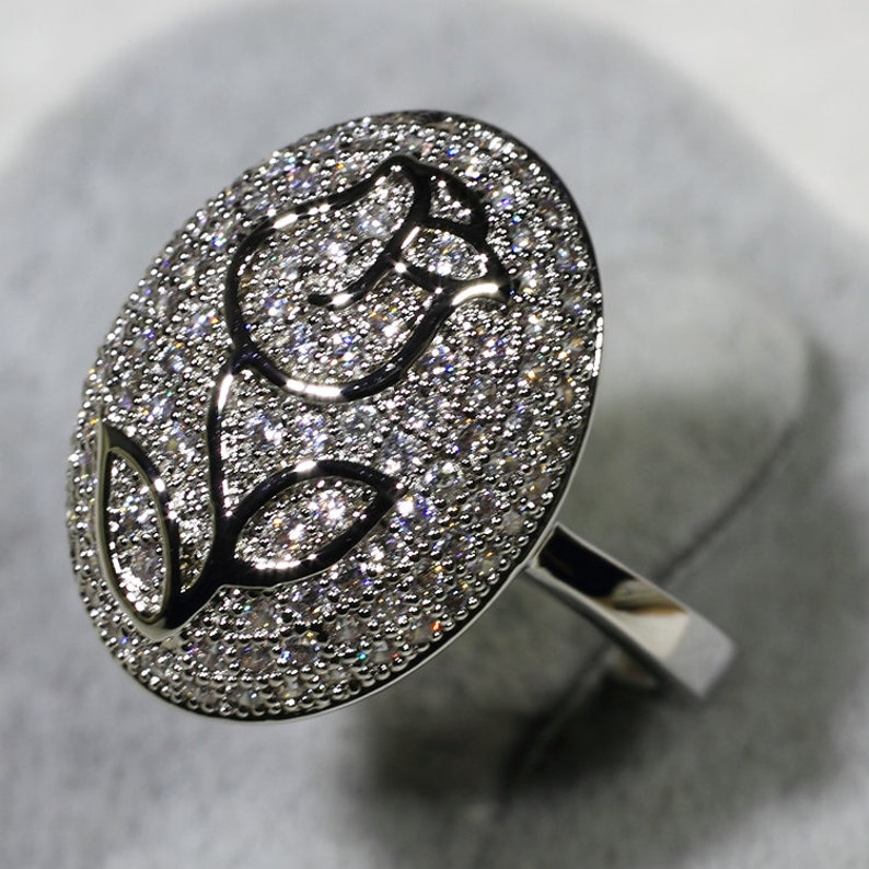 ID:R6436 Women 18K White Gold GF Fashion Jewelry Tulip Flower Design Clear Gemstone Cocktail Ring