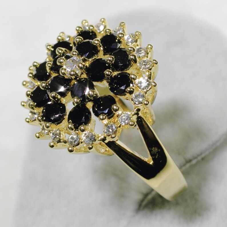 ID:R4717 Women 18K Yellow Gold GF\u00a0Fashion Jewelry Charming Black and Clear Gemstones Ring Comfortable Daily Wear\u00a0