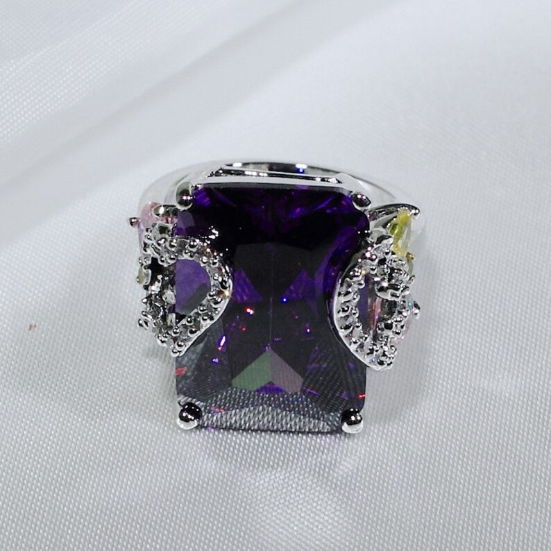 ID:R4834 Women 18K White Gold GF\u00a0Fashion Jewelry Pretty Handmade Big Amethyst Gemstone Ring\u00a0Perfect Anniversary Gift for Her