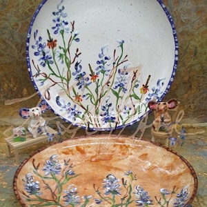 May include: Two ceramic plates with a blue and white floral design. The larger plate is white with a blue rim and the smaller plate is brown with a blue rim. Both plates feature a floral design of blue flowers with green stems and leaves.