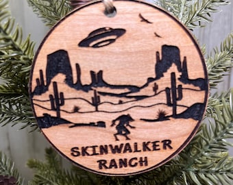 Skinwalker Ranch Ufo Alien desert scene Ornament Solid Cherry Real Wood