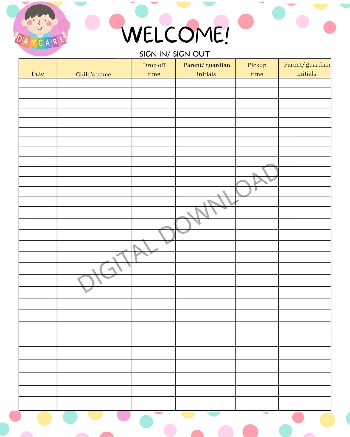 Daycare Sign In/out Sheet Digital Download PDF Daily US | Etsy