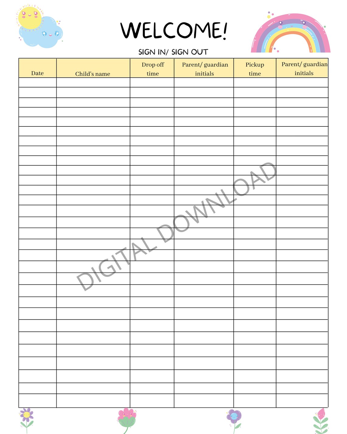 Daycare Sign In/Out Sheet Digital Download PDF Daily US Etsy