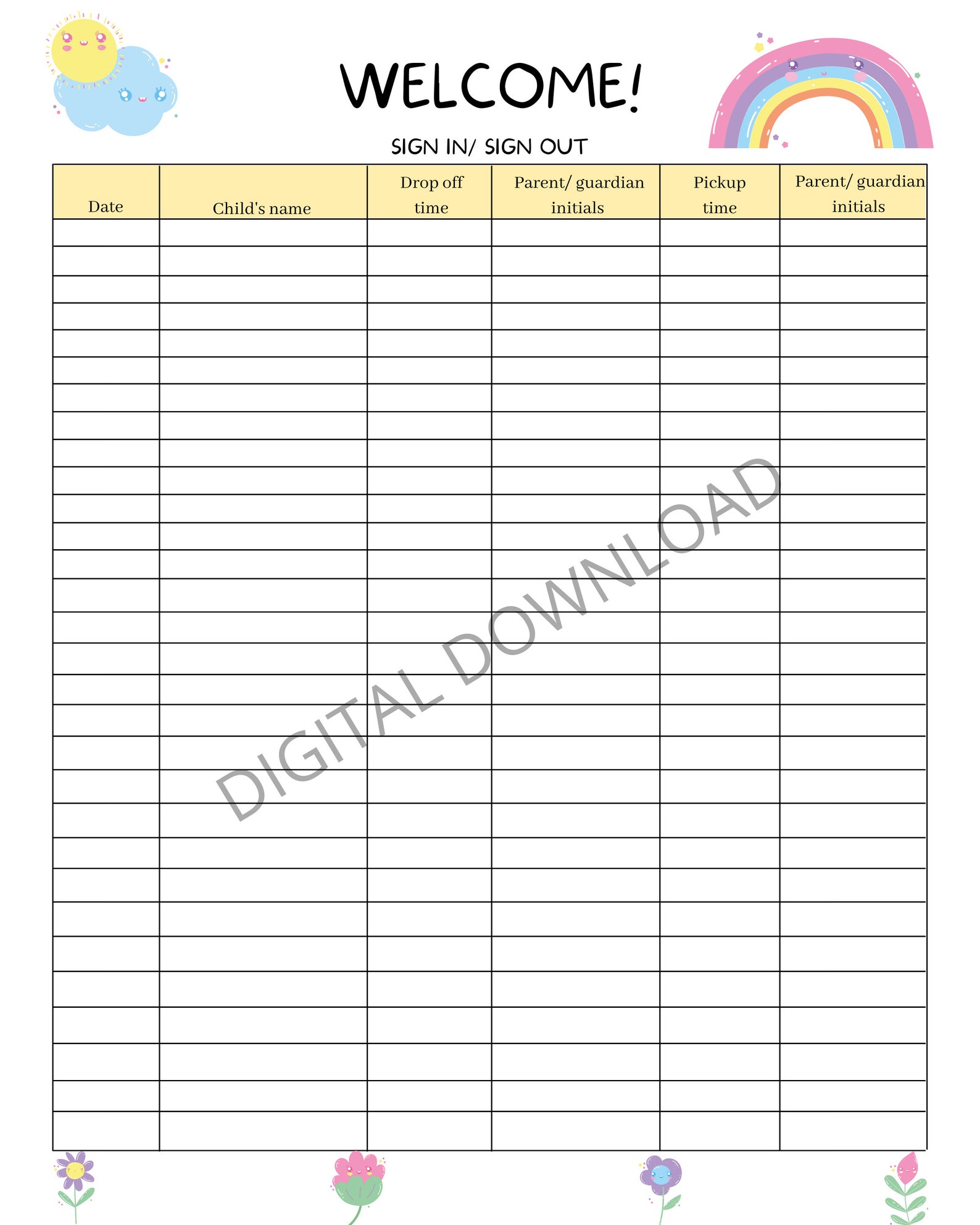 Daycare Sign In/Out Sheet Digital Download PDF Daily US Etsy
