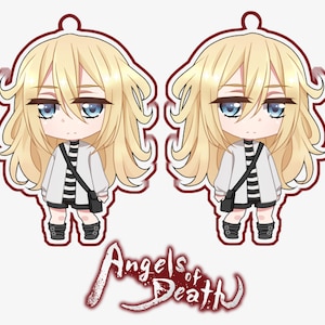 May include: Two identical chibi-style anime character keychains featuring a girl with blonde hair, blue eyes, and a white jacket with black stripes. The keychain is labeled "Angels of Death".