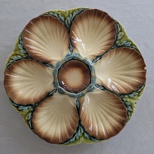 Digoin Sarreguemines Barbotine Oyster plate-French Retro Vintage serving plates for 6 oysters or shellfish and 1 lemon