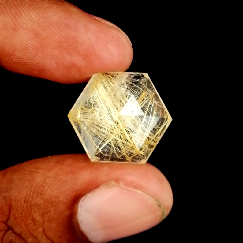 Hexagon Gemstone Rutilated Quartz Stone Cabochon Gemstone Rutilate Hexagon Faceted