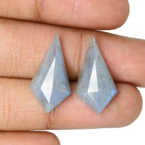 Puede incluir: Se muestran dos piedras preciosas facetadas en forma de cometa, con un tono azul pálido y vetas internas. Las gemas se sostienen en una mano, mostrando sus superficies pulidas y cortes geométricos. Estas piedras preciosas son probablemente para la fabricación de joyas.