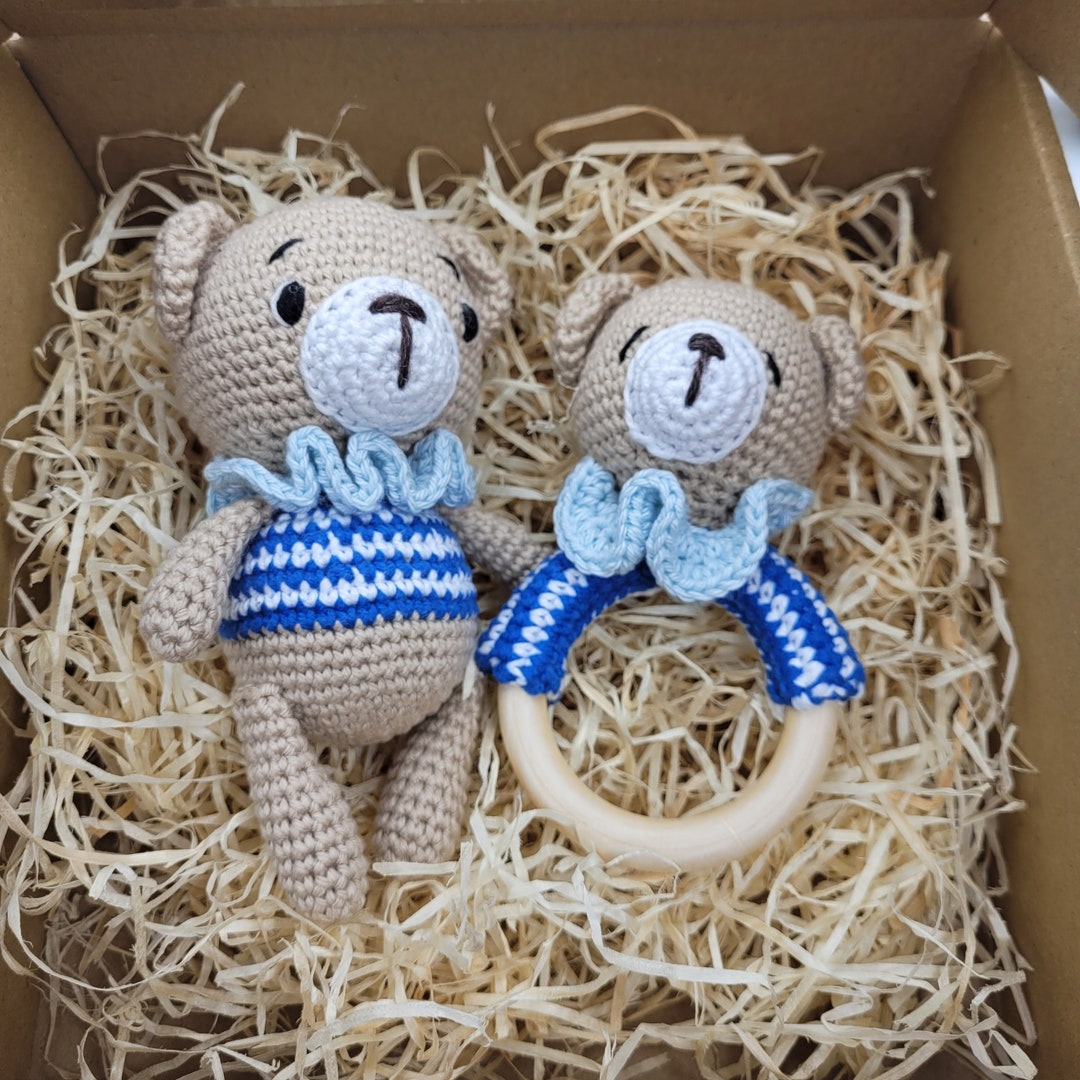 Set of Amigurumi Teddy Bear and Rattle Handmade Gift for Newborn Baby ...