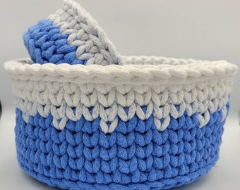 Set of 2 crochet storage baskets, crochet baskets scandinavian style, cotton handmade, cozy home decor, blue/ white colors small baskets set